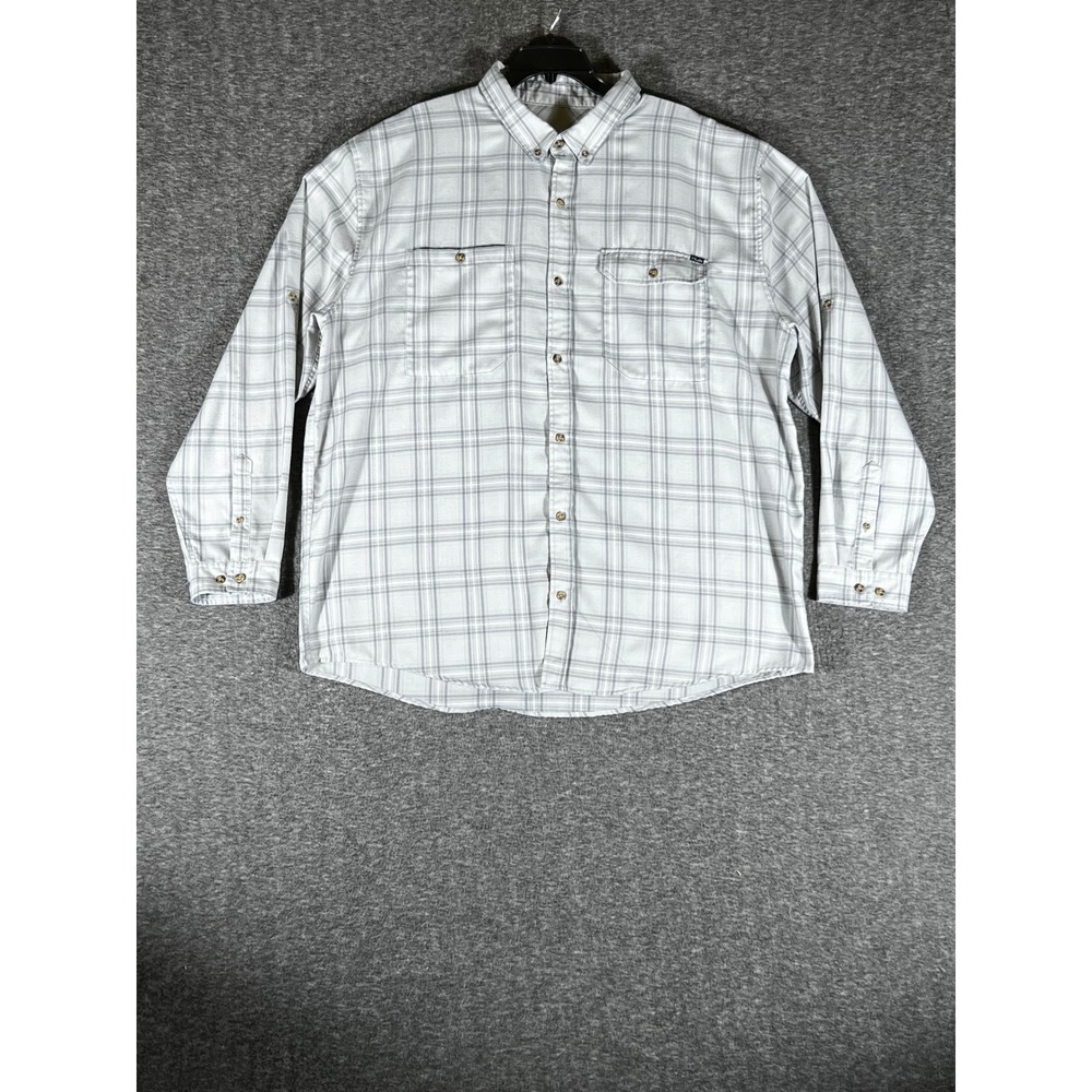 Huk Mens XXL Grey White Plaid Long Sleeve Button Down Fishing Shirt Roll Tab